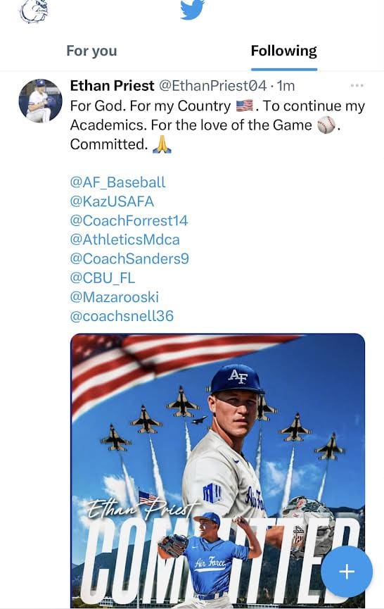 MDCA Baseball Pitcher Ethan Priest Commits to Air Force