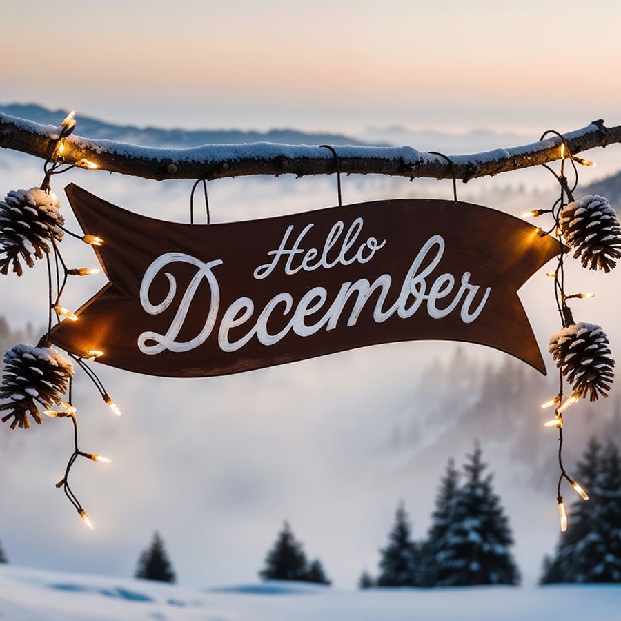 Hello december sign hanging from a branch covered in snow with a view of a valley